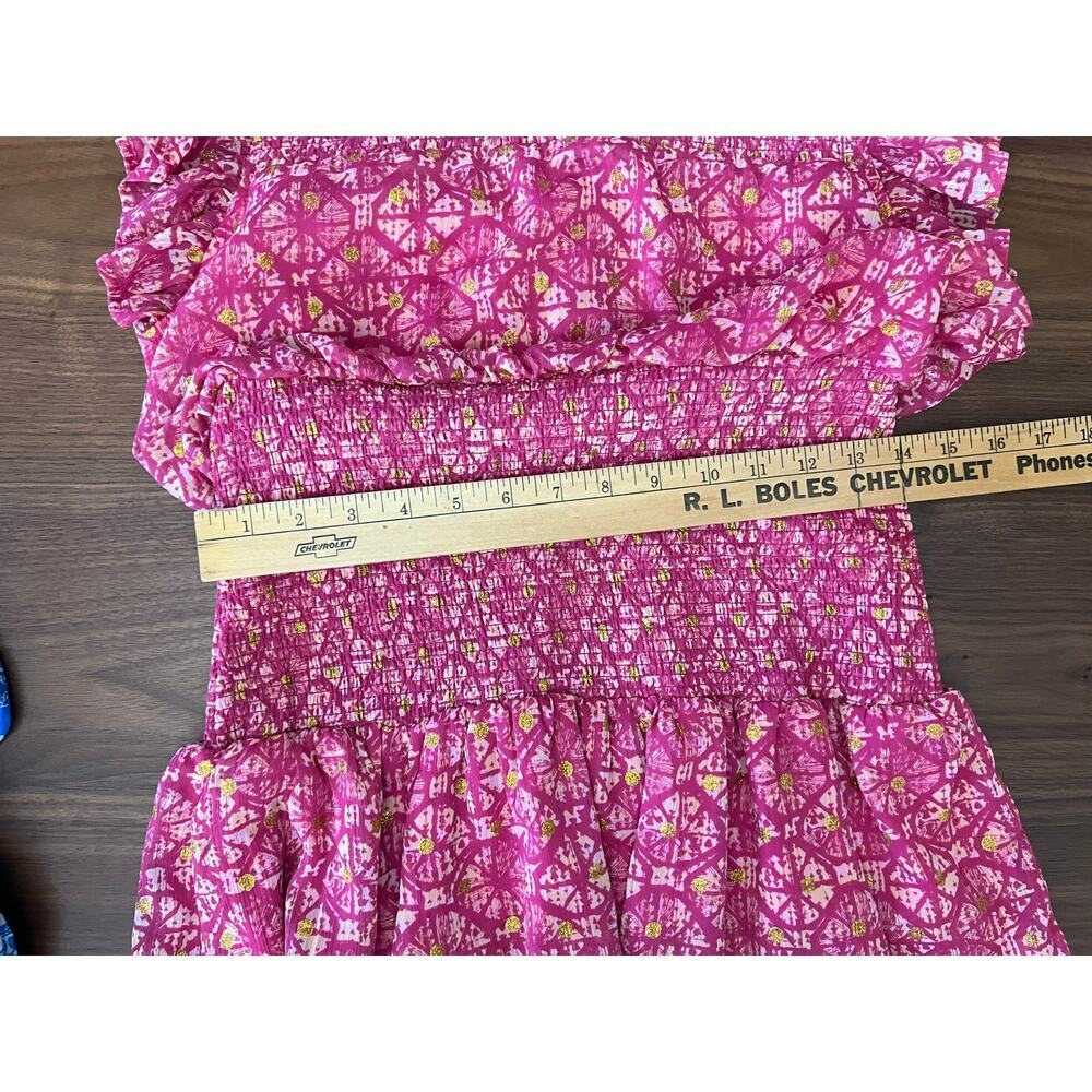 Aqua Pink Smocked Ruffle Mini Dress Gold Dot Floral Sleeveless Size L - Picture 6 of 6